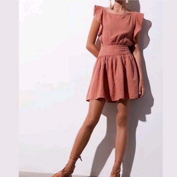 Free People Erin Tie Back Ruffle Sleeve Dress Linen Blend Bronze Orange Sz Small - Picture 2 of 9